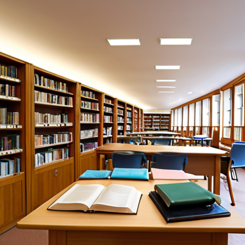 Home 7 **Study Environment**: "A serene library setting with organized study desks and comfortable chairs, where a student is focused on learning German. Soft lighting and bookshelves filled with German language books create a peaceful atmosphere."