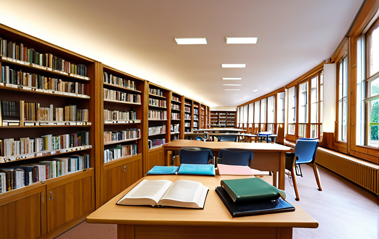 **Study Environment**: "A serene library setting with organized study desks and comfortable chairs, where a student is focused on learning German. Soft lighting and bookshelves filled with German language books create a peaceful atmosphere."