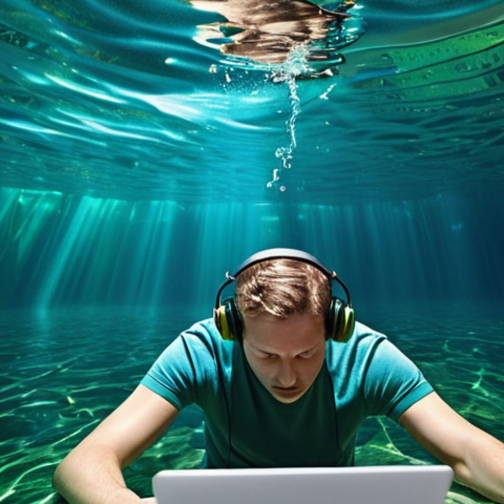 **Prompt 1: Immersive Language Discovery**
A person gracefully diving into a vibrant, swirling ocean of German words, phrases, and grammar symbols. Around them, digital devices like a smartphone, laptop, and tablet are subtly integrated into the water, displaying German app interfaces, streaming video, and online articles. Headphones are visible, with abstract sound waves of German flowing from them. The atmosphere is one of profound engagement and curiosity, blurring the lines between the physical and digital world, representing a deep linguistic immersion. Style: Conceptual, high-detail digital painting with luminous effects, rich blues and greens, and a sense of depth.