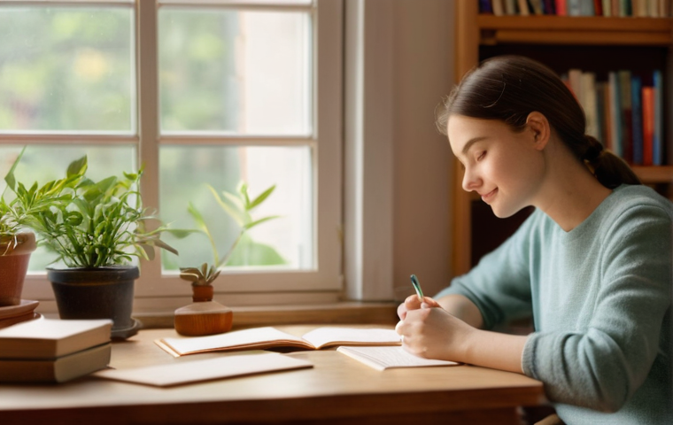 독일어 A1 기초 어휘 정리 - **Prompt 1: "A serene indoor scene featuring a young adult woman, elegantly dressed in a modest, lon...