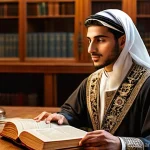 독일어 강세 규칙 - **Prompt 1: The Epiphany of German Stress**
    A young adult of Arab descent, perhaps in their late...