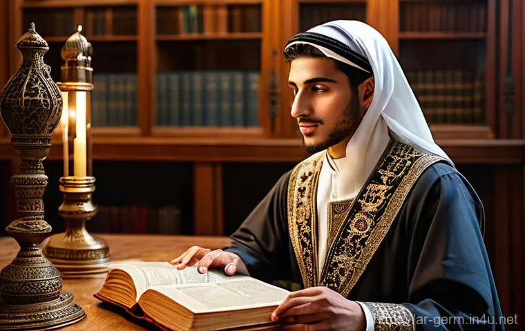 독일어 강세 규칙 - **Prompt 1: The Epiphany of German Stress**
A young adult of Arab descent, perhaps in their late...