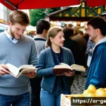 독일어 표준어와 구어체 차이 - **Prompt:** A diverse group of people, appearing to be in their 20s to 60s, animatedly conversing in...