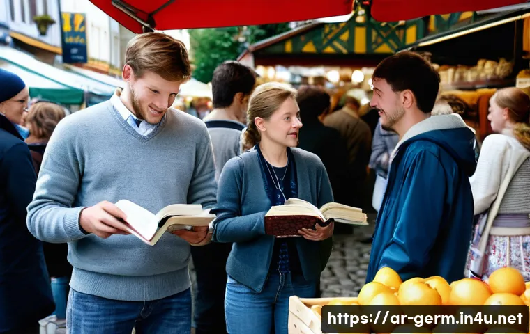 독일어 표준어와 구어체 차이 - **Prompt:** A diverse group of people, appearing to be in their 20s to 60s, animatedly conversing in...